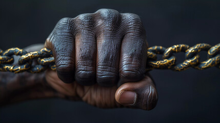 Breaking Out of a Shackle. Photo male african american hands holding a rusty metal chain. Humans...