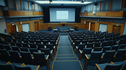 Empty Lecture Hall with Rows of Seats and Presentation Screen