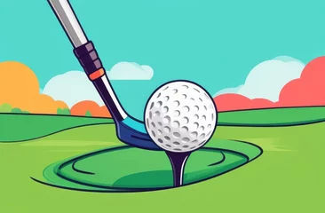 Gordijnen Throwing a golf ball on the lawn with a golf club with copy space,hitting a golf club on a golf ball,playing golf © schukoba