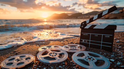 A clapperboard and film reels on a beach at sunset providing a picturesque and serene backdrop for a film shoot - obrazy, fototapety, plakaty