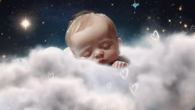 video animation template looping Cute baby sleep at night on cloud with stars, video HD 