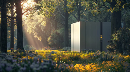A conceptual 3D rendering of a modern renewable energy battery storage unit positioned in the heart of a tranquil woodland