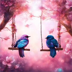 Little birds in the pink garden of paradise.