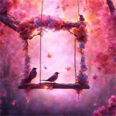 Little birds in the pink garden of paradise.