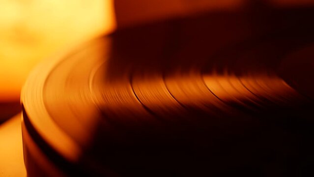 grooves on a vinyl record close-up. The record starts spinning after the player is turned on.