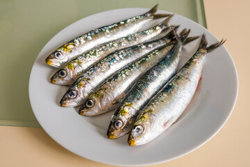 Half a dozen appetizing raw and fresh sardines from the Atlantic Ocean, on a plate. Purchased at the market and from a recently arrived ship. Fishing industry. Healthy and quality foods.