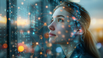 A depiction of a businesswoman superimposed with digital neural networks