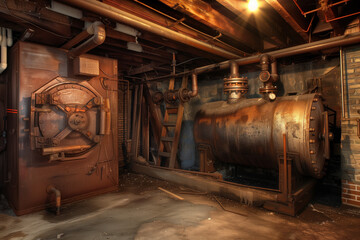 An old house basement with a boiler system heating pipes AI Generative