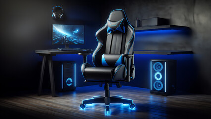 Monitor and gaming chair in blue gaming room