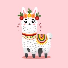 Cute alpaca on a pink background and in the form of a heart and a star. The character of a cute alpaca in any action. some alpaca is sitting and standing. Alpaca in a wreath of flowers.