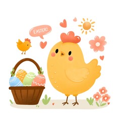 Vector cute easter set. An egg with ears and a chicken in an egg. Cute eggs. Basket with eggs. Cute Easter patterns.
