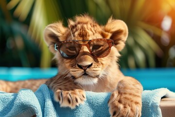 Cute little lion cub in sunglasses lying on the blue towel