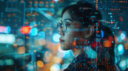A double exposure image showing a businesswoman seamlessly integrated with a futuristic artificial intelligence network