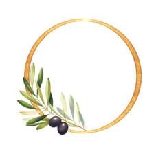 Gold round frame with olive branch.