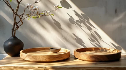 Rolgordijnen Two Wooden Trays on Wooden Table © olegganko