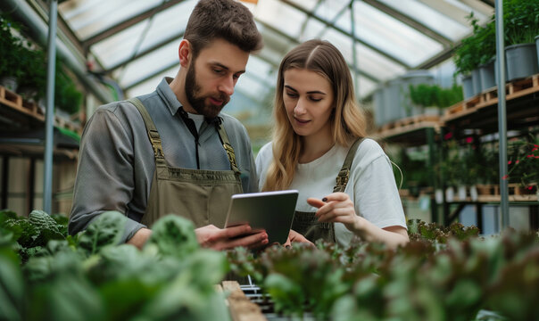 two farm coworkers facing camera standing in the greenhouse and looking at the screen of tablet 