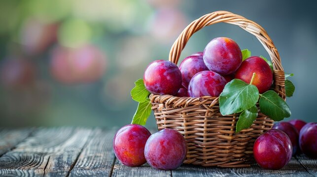 Basket of Plums on Wooden Table