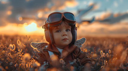 A young boy dressed as a pilot sits in a field of flowers as a plane flies in the background.