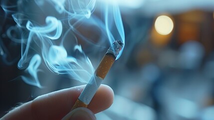 ): A close - up of a human hand holding a lit cigarette, with smoke swirling around, emphasizing the harmful effects of smoking  - obrazy, fototapety, plakaty