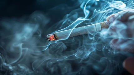 Poster ): A close - up of a human hand holding a lit cigarette, with smoke swirling around, emphasizing the harmful effects of smoking  © Media Srock