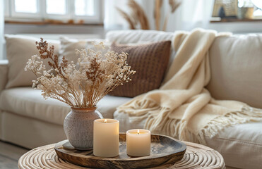 wooden coffee table with a vase and candle