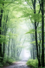 Obraz premium Serpentine Dirt Road Surrounded by Towering Trees in Forest. Generative AI.