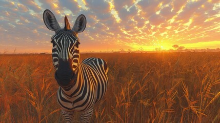 Zebra Standing in Tall Grass Field