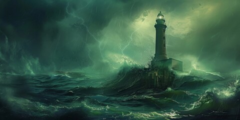 Lighthouse Amidst Storm - obrazy, fototapety, plakaty