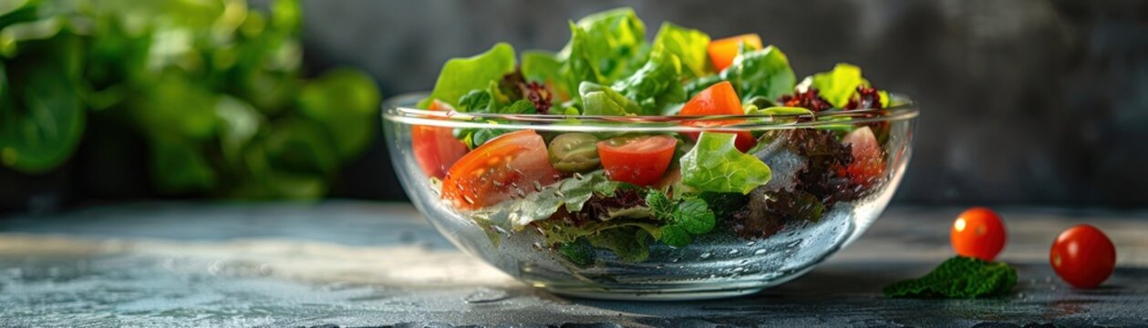 A sleek, contemporary salad setup, featuring a glass bowl on a reflective surface. The image captures the freshness and vibrancy of the greens and vegetables.