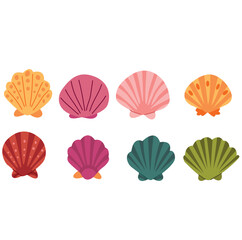 Set of colorful seashells isolated on white background. Vector illustration. 