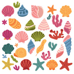 Set of colorful seashells, corals, seaweed and starfish. Vector illustration 