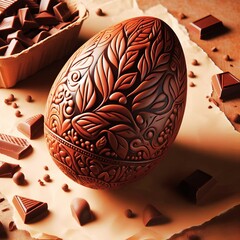 The image highlights a richly decorated chocolate egg as the centerpiece, adorned with intricate designs and surrounded by chocolate chunks and drops.