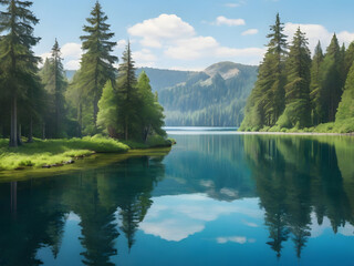 A peaceful forest scene with a crystal-clear lake reflecting the blue sky above