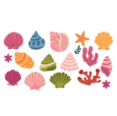 Foto auf Glas Set of sea shells and corals. Vector illustration on white background.  © Allakulyevva