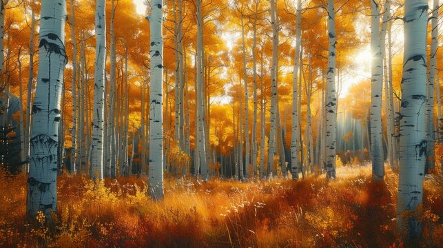 Golden Autumn Aspens in Sunlit Forest