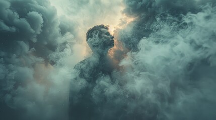 A concept photo of a person struggling to breathe in a polluted environment, with smoke and haze obscuring their lungs,