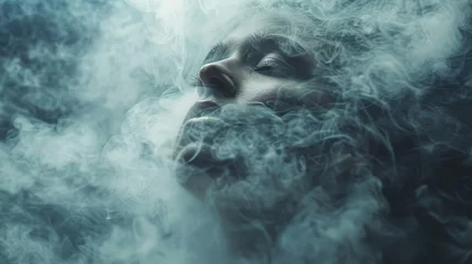 Fotobehang A concept photo of a person struggling to breathe in a polluted environment, with smoke and haze obscuring their lungs, © Media Srock