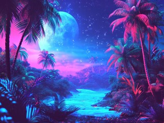Retro style with a neon-lit tropical landscape. This features a vivid, neon-infused depiction of tropical trees, tropical scenery, or retro-futuristic concepts. AI