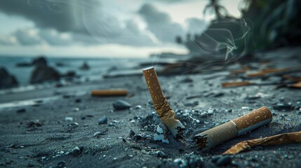 A conceptual image of a broken cigarette lying on a polluted beach, highlighting the connection between smoking and environment - obrazy, fototapety, plakaty