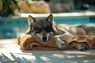 Portrait of wolf wearing sunglasses lying near swimming pool