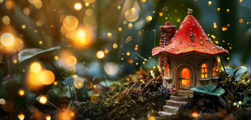 Fototapeta na wymiar A charming little mushroom cottage tucked away in a fairy garden with fireflies flashing all around it