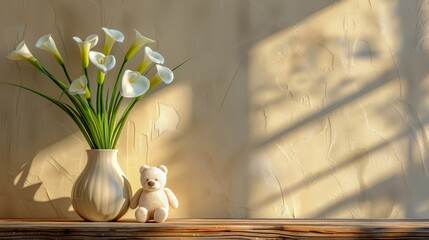 Teddy Bear Beside Vase of Flowers
