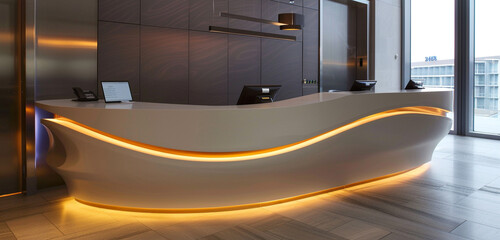 A contemporary hotel check-in counter featuring integrated LED lighting and a sleek, curved shape