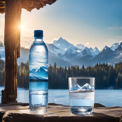 bottle and glass blurred nature snow mountain landscape background
