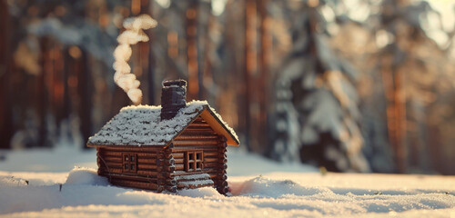 A cozy miniature log cabin tucked away in a snowy forest, with smoke rising from its chimney - obrazy, fototapety, plakaty