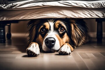 Scared Dog Is Hiding Under The Bed At Home - obrazy, fototapety, plakaty