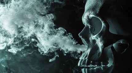 A conceptual photo of a person blowing smoke from a cigarette, with the smoke forming the shape of a skull, conveying the deadly