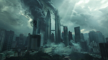 A grim scenario in Kuala Lumpur as the Petronas Towers are engulfed in the massive cloud following a nuclear detonation - obrazy, fototapety, plakaty