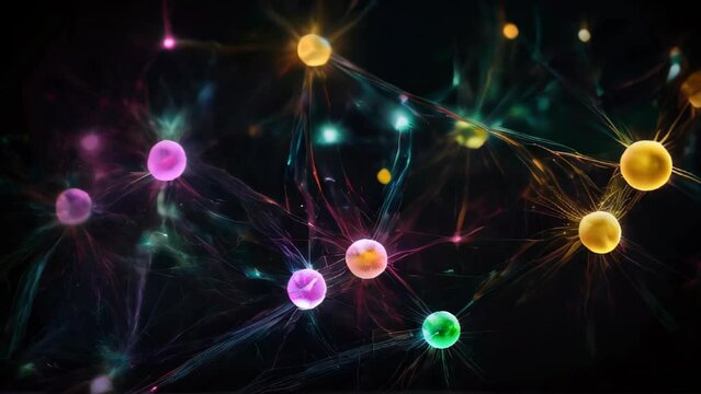 Abstract neural network with glowing nodes. Colorful neural connections on dark background. Concept of artificial intelligence, machine learning, and neural computing.