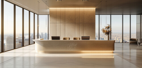 A modern hotel lobby featuring floor to ceiling windows that provide views of the city and a simple reception desk